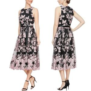 Alex Evenings Floral Pink on Black Sheer Embroidered Dress